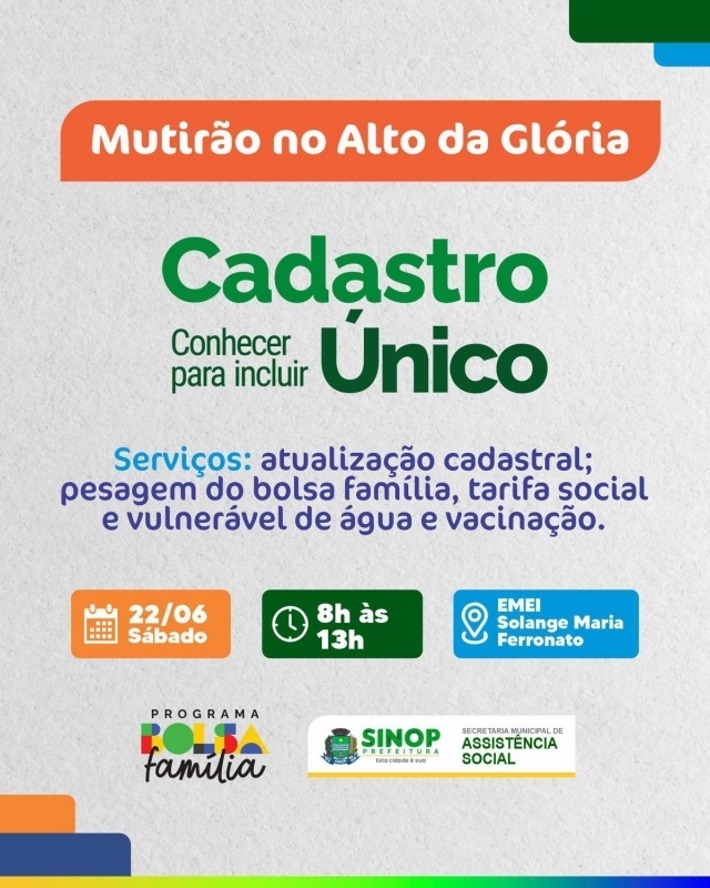 Cadastro Único fará mutirão de atendimentos no Alto da Glória amanhã (22)