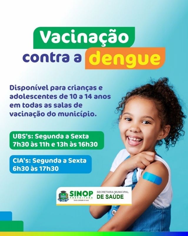 Disponível em Sinop vacina contra a dengue para crianças e adolescente de 10 a 14 anos