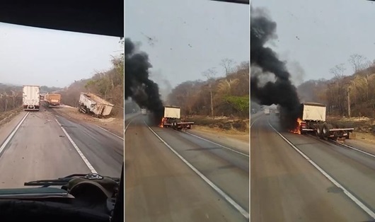 Motorista morre carbonizado em acidente entre duas carretas na BR-364