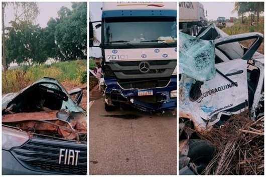 Picape fica destruída ao ser atingida por carreta e motorista sai ileso