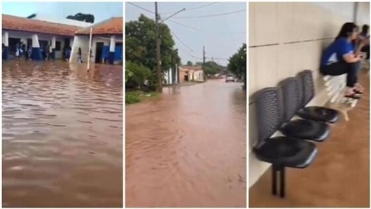 Chuva forte alaga escola e ruas em MT; alunos ficaram ilhados