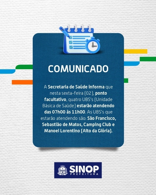 UBS’s de Sinop funcionarão em ponto facultativo para reforçar atendimento à população