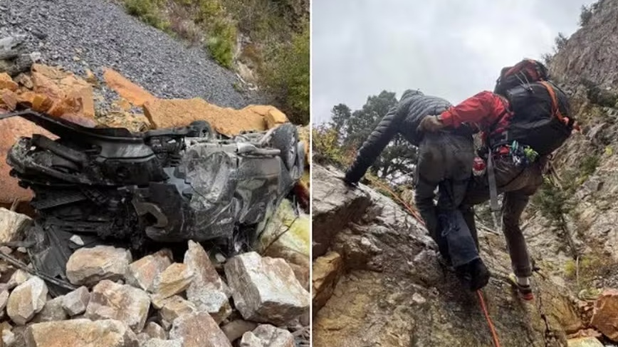 Homem despenca de 90 metros de altura com picape, que fica toda destruída, mas ele escapa com ferimentos leves