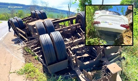 Batida entre carreta e veículo da Unemat deixa 3 feridos em MT
