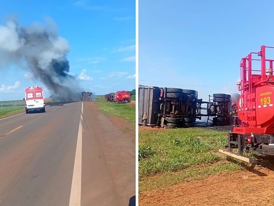 Caminhão tomba, pega fogo em rodovia e deixa dois feridos em MT