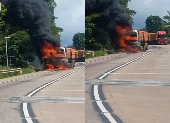 Carreta pega fogo em rodovia de MT