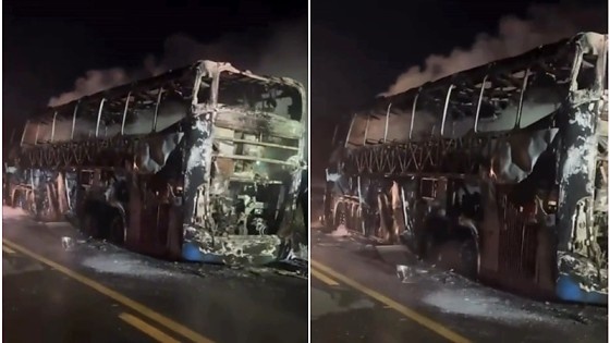 Ônibus com 40 passageiros pega fogo em rodovia de MT