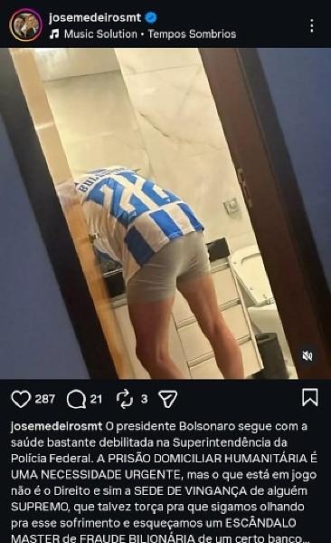 Medeiros compartilha foto de Bolsonaro de cueca em cela da PF e pede prisão domiciliar humanitária