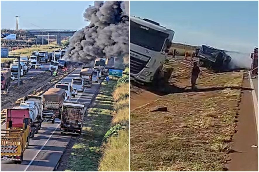 Caminhões pegam fogo após sequência de acidentes em MT
