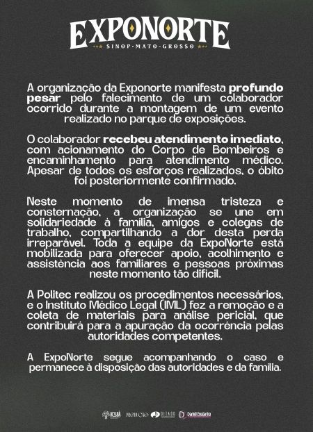 ExpoNorte lamenta morte de colaborador durante montagem de evento no parque de exposições