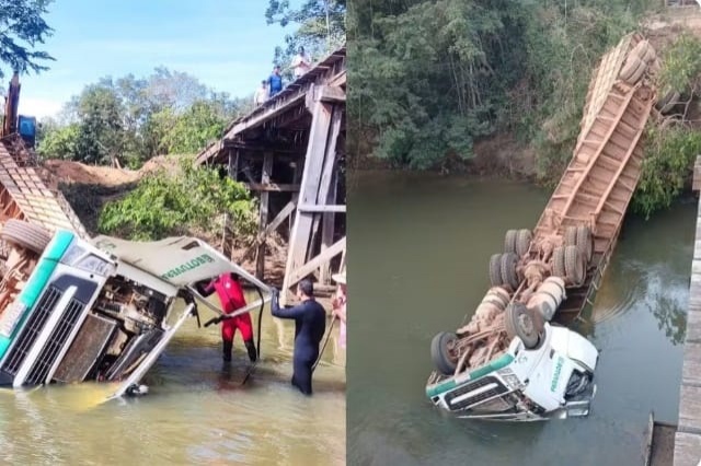 Motorista morre afogado após carreta com gado cair de ponte em estrada rural de MT